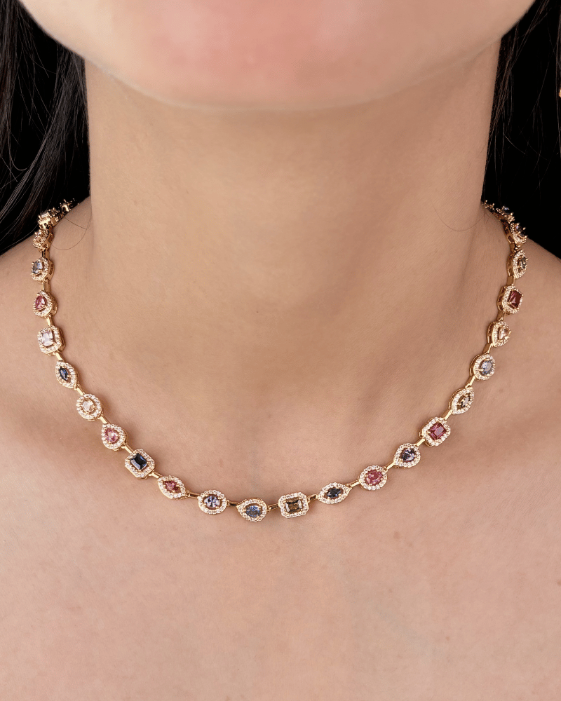 Multi Color Mosaic Diamond Necklace | Rhodium Plating