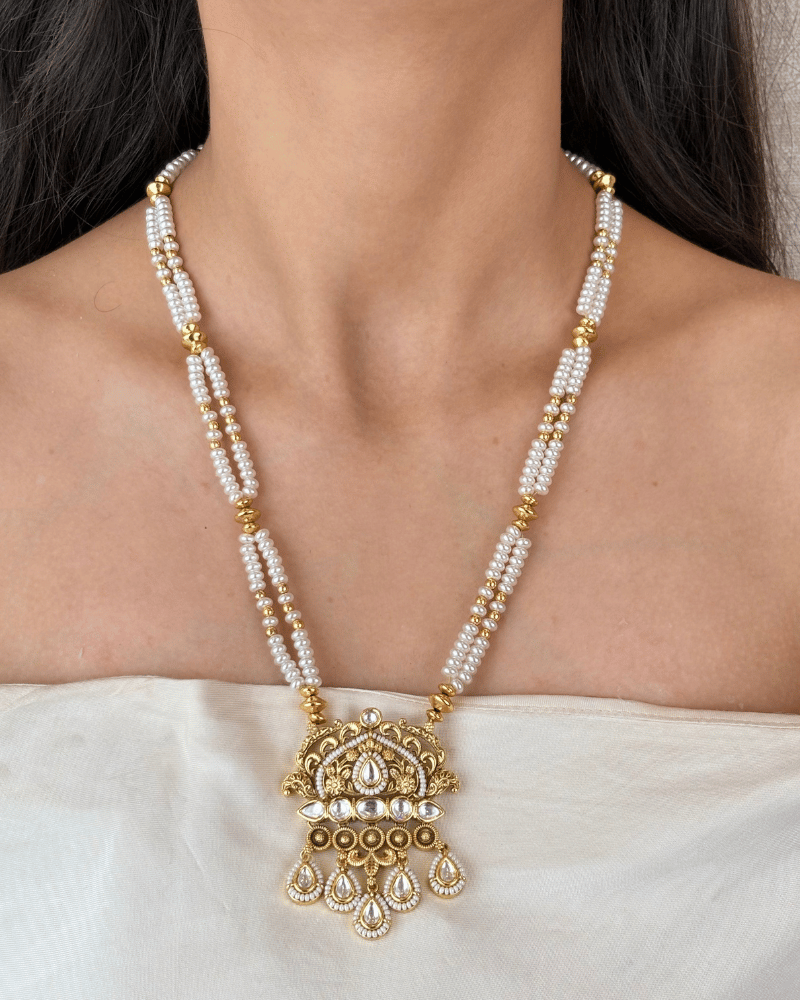 Darshini Double Line White Bead Golden Necklace