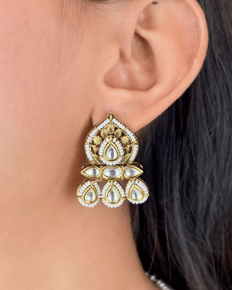 Darshini Double Line White Bead Golden Necklace