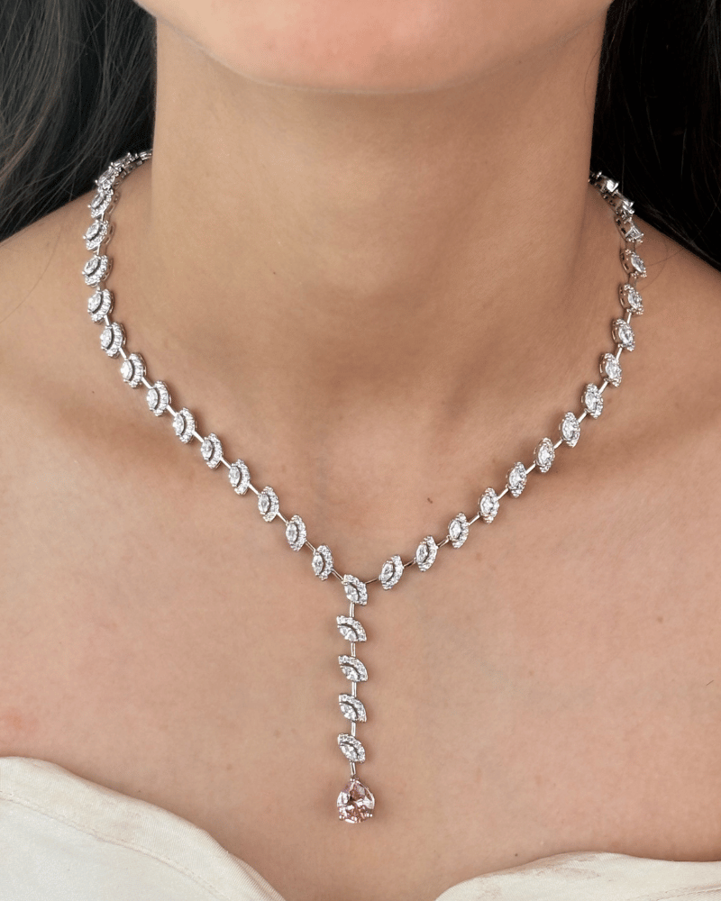 Belle Baby Pink Drop Diamond Necklace | Rhodium Plating