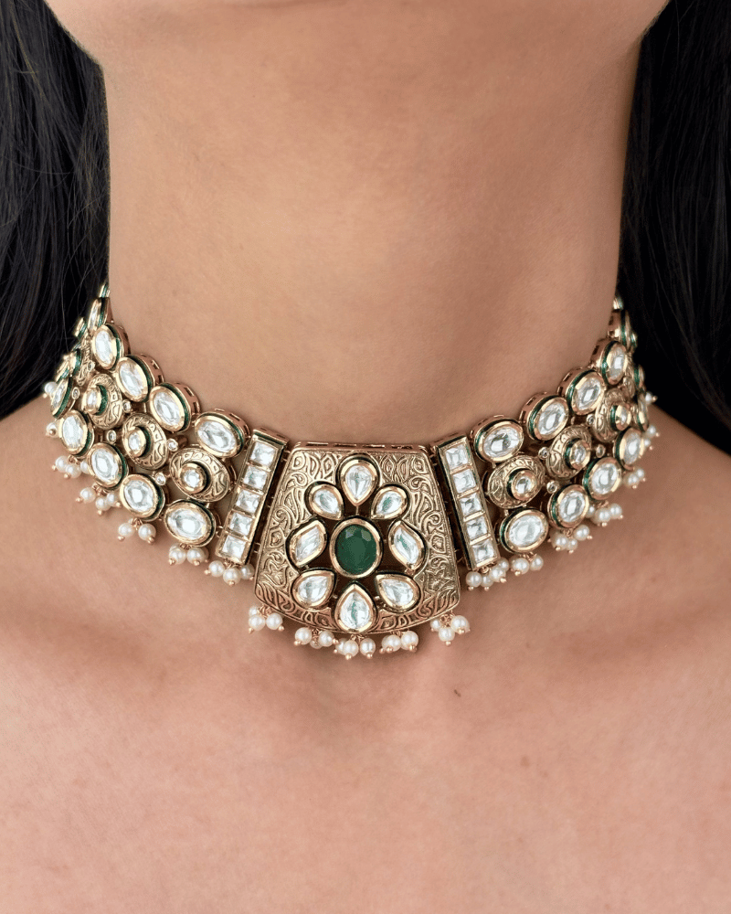 Virasa Emerlad Kundan Choker | Mint Work | 18K Gold Plating