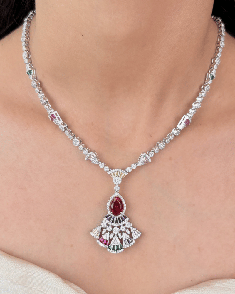 Multi Color Ratna Mehfil Diamond Necklace | Rhodium Plating
