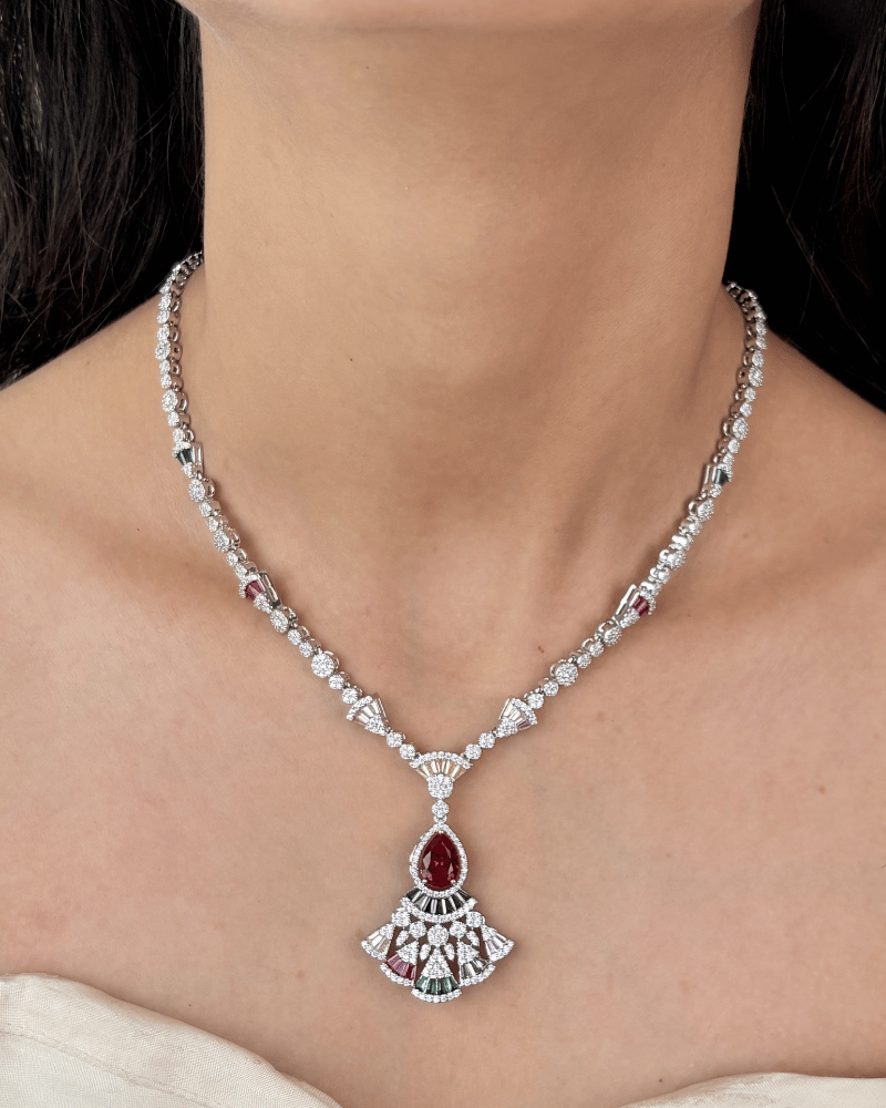 Multi Color Ratna Mehfil Diamond Necklace | Rhodium Plating