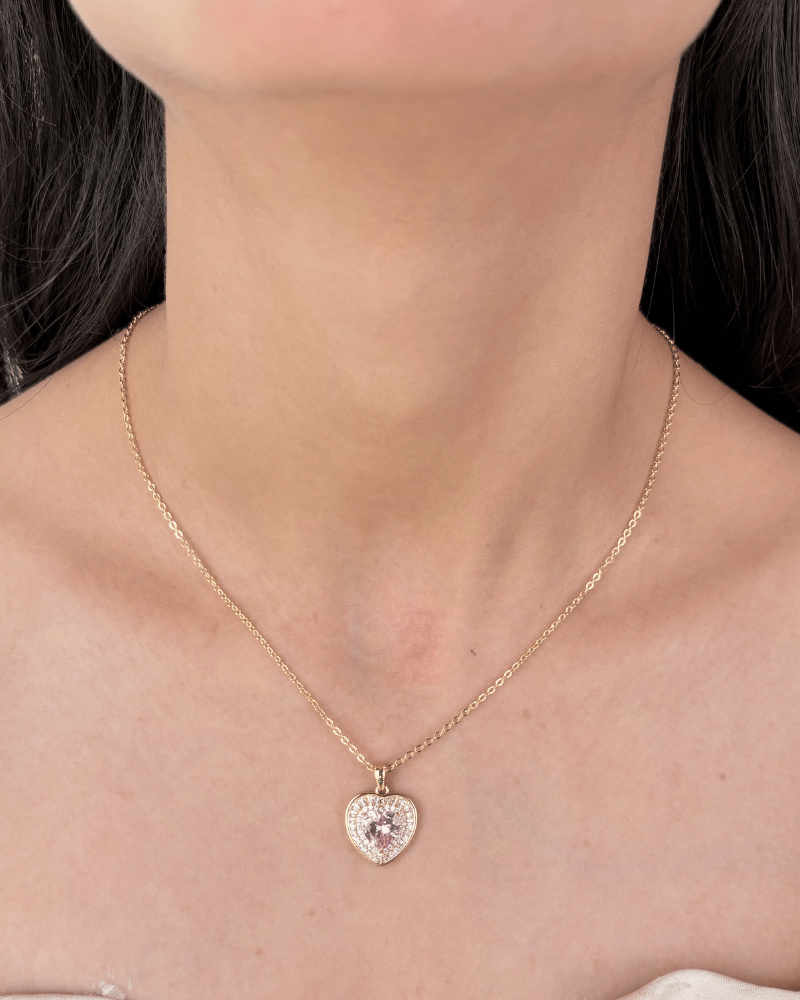 Baby Pink Heartbeat Diamond Pendant Set | With Chain | Rhodium Plating