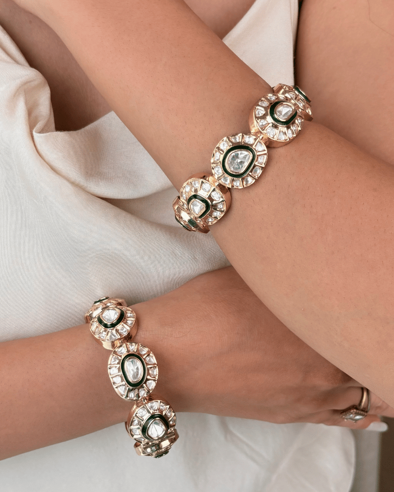 Emerald Bikaneri Kundan Bangles  | Single Piece | Openable