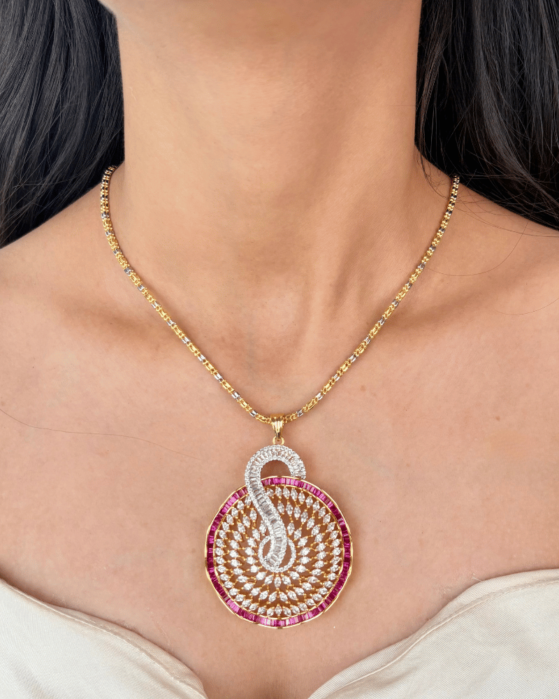 Swirl Mandala Ruby Diamond Pendant Set | Without Chain | Big Size