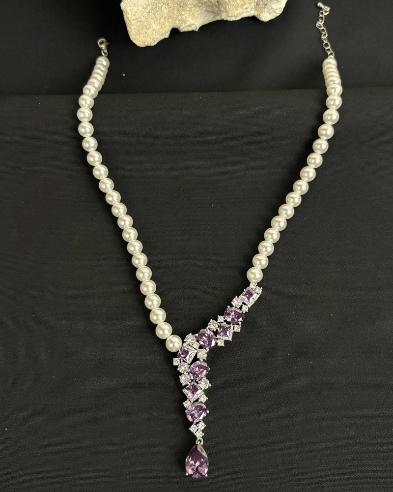 Serene Lavender Crystal Drop Pearl Necklace