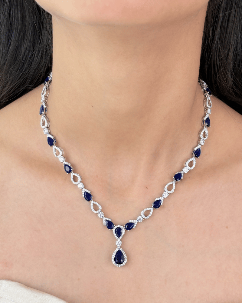 Shahana Sapphire Diamond Necklace | Rhodium Plating