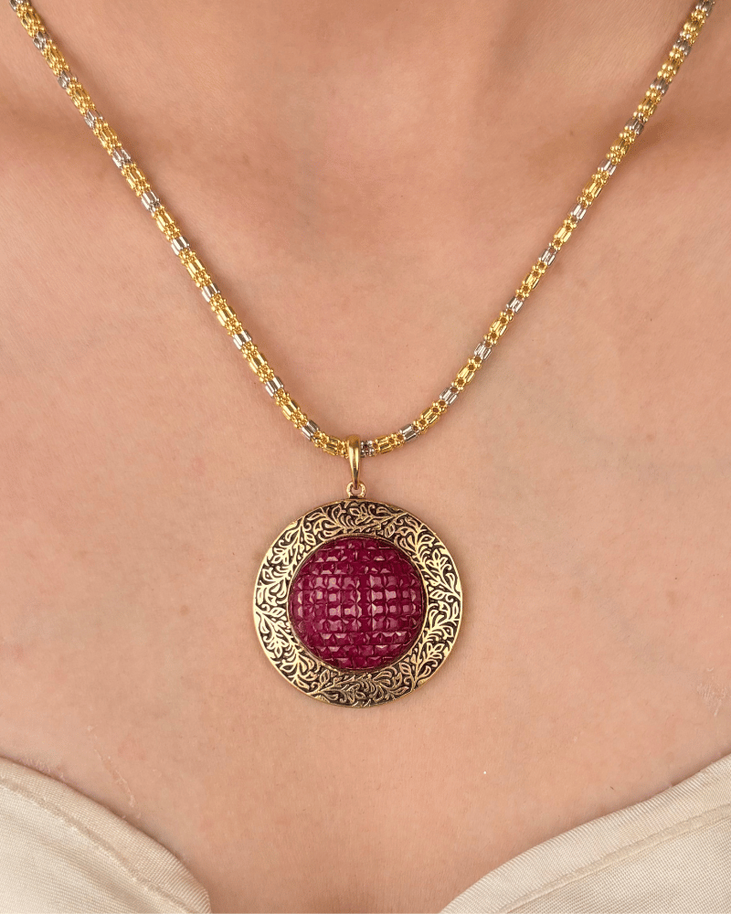 Surya Real Ruby Crystal Pendant Set | Without Chain | Mint Work | 18K Gold Plating