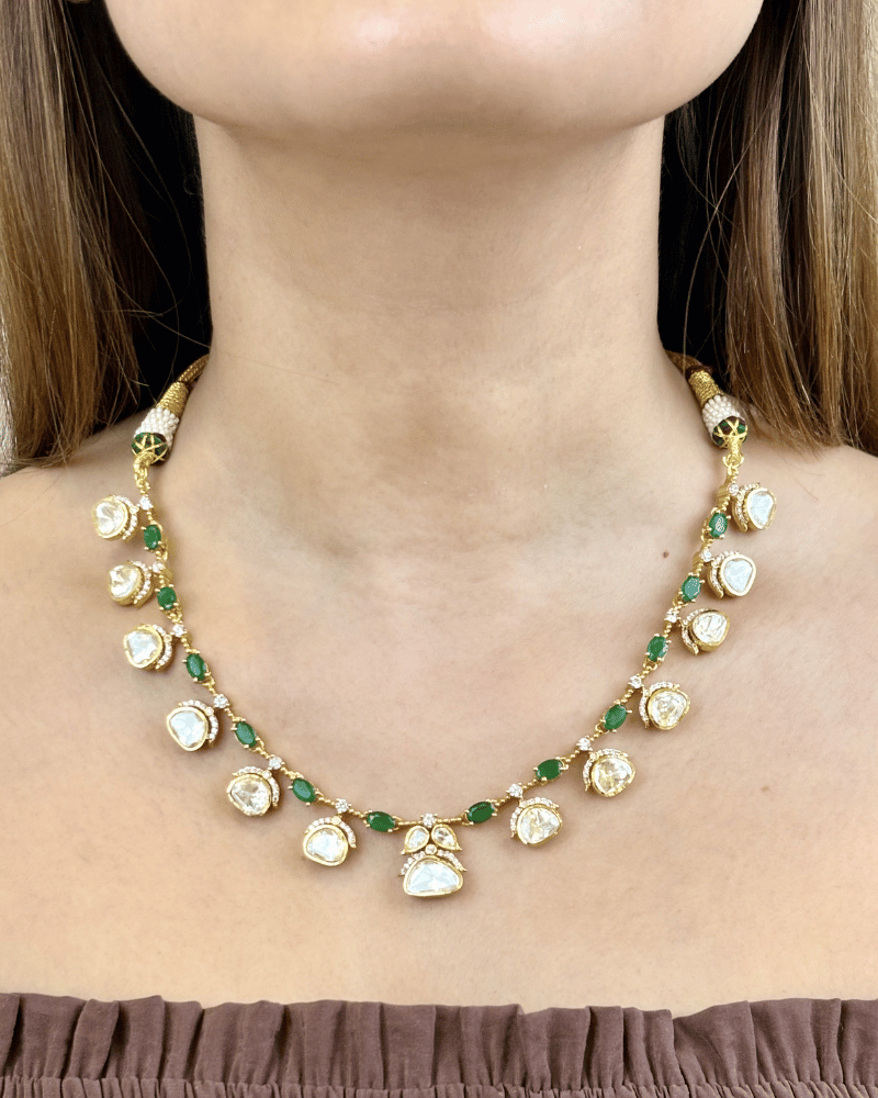 Rajsi Noor Emerald Moissanite Necklace | Screw Back | 18K Gold Plating