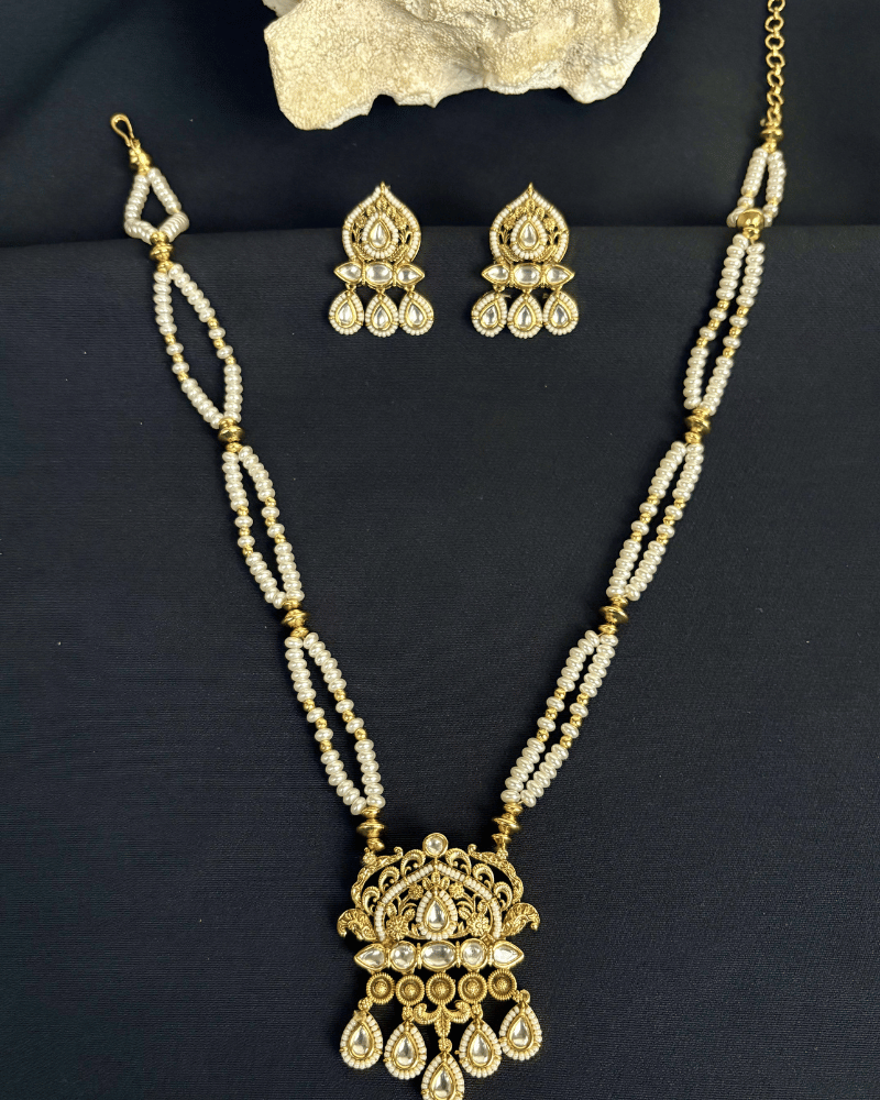 Darshini Double Line White Bead Polki Necklace