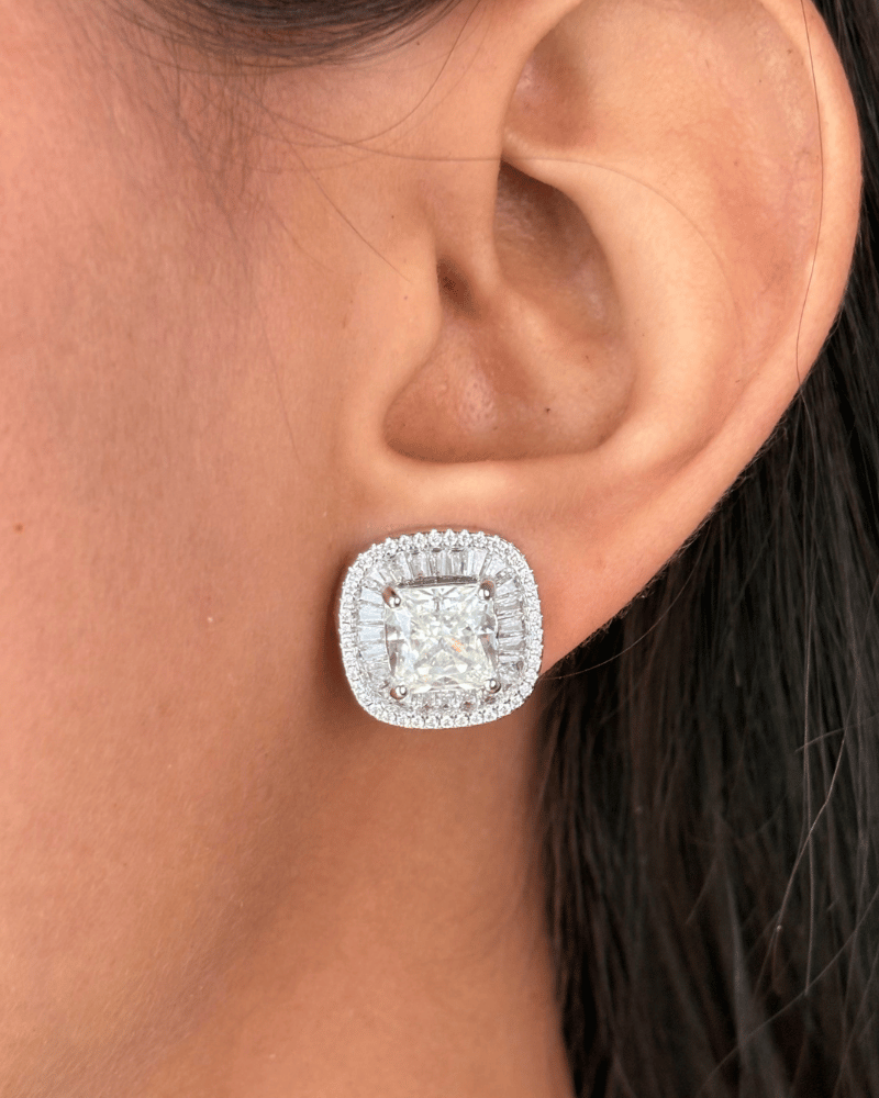 Ice Crushed Square Cut Diamond Studs| Silver | Rhodium Plating
