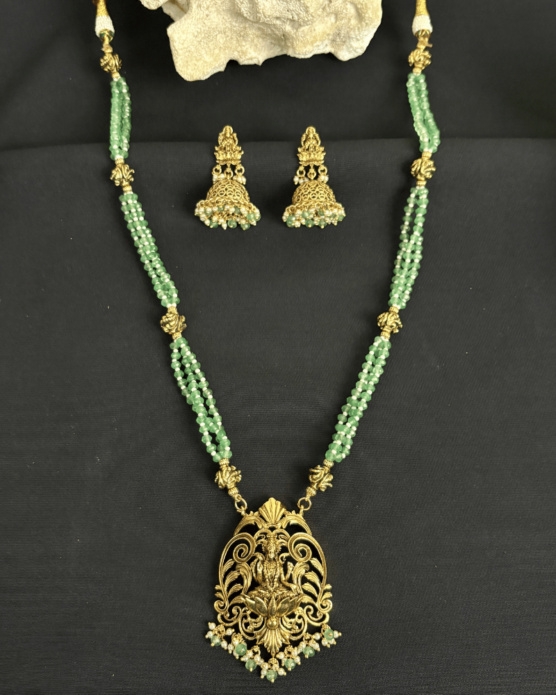 Mahalakshmi Double Line Emerald Beads Golden Necklace