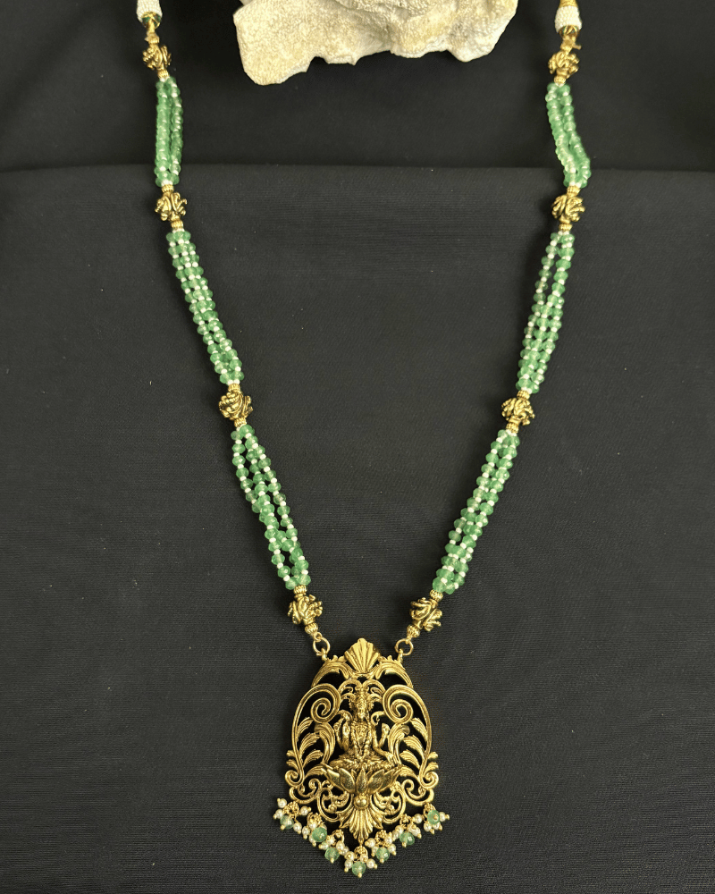 Mahalakshmi Double Line Emerald Beads Golden Necklace