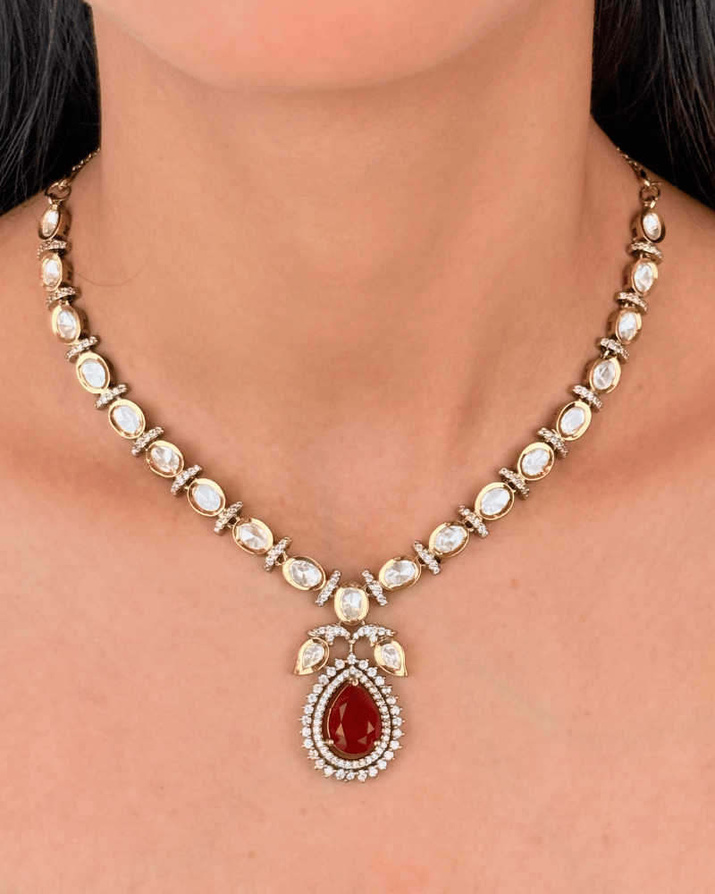 SIfra Victrorian Polki Necklace With Ruby Drop
