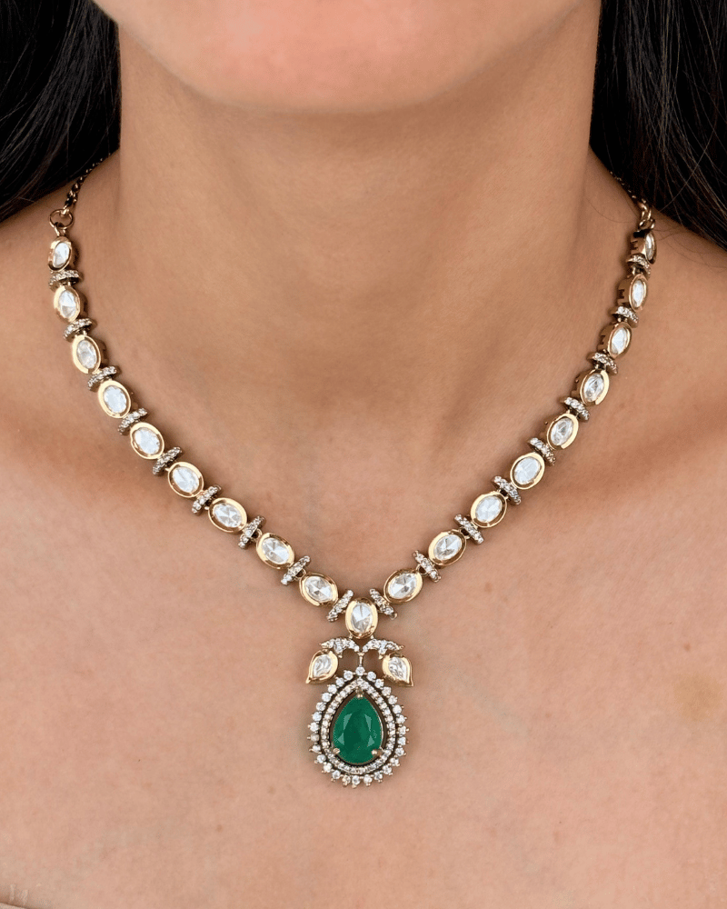 SIfra Victrorian Polki Necklace With Emerald Drop