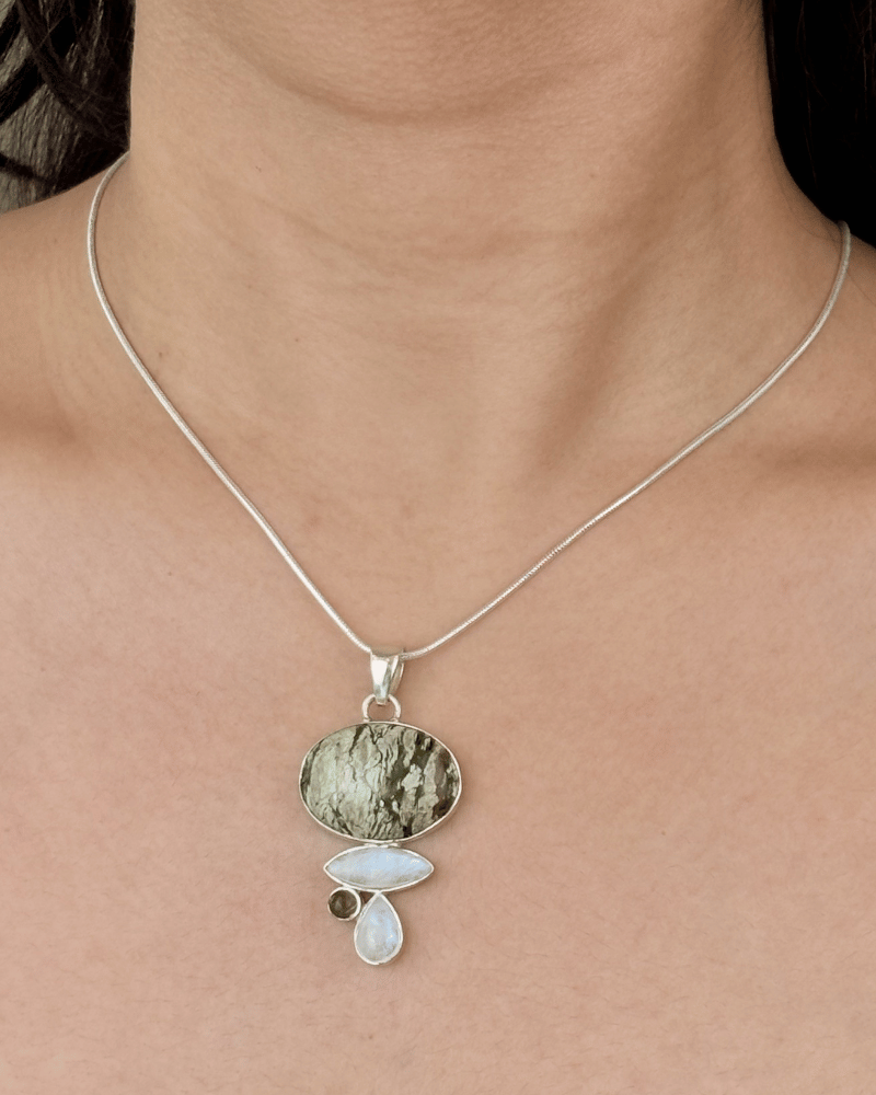Moonstone & Pyrite Harmony Pendant | Without Chain | 92.5 Silver Jewellery