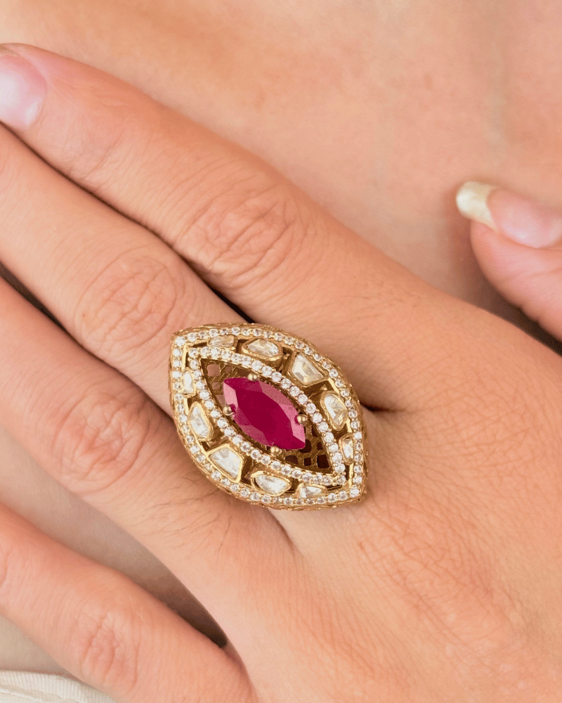 Nayanika Ruby Moissanite Cocktail Ring | Adjustable | 18K Gold Plating