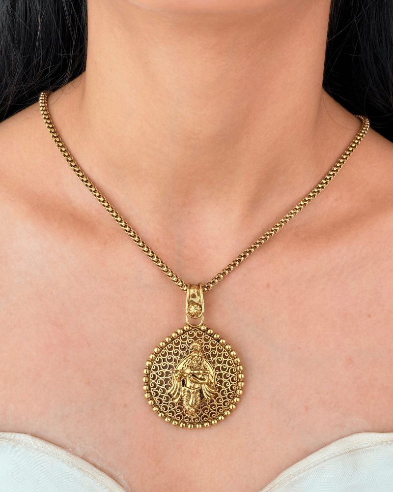 Kanha Ki Leela Golden Pendant Set With Chain