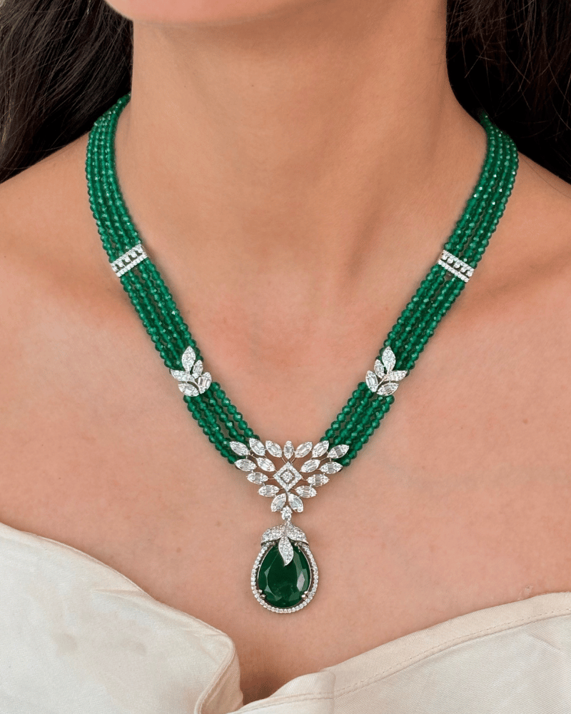 Four Layer Emerald Hydro Beads Diamond Necklace