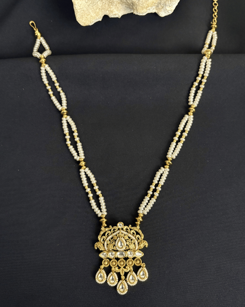 Darshini Double Line White Bead Polki Necklace