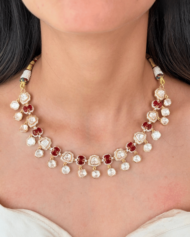 Rasika Ruby Moissanite Necklace | Screw Back | 18K Gold Plating