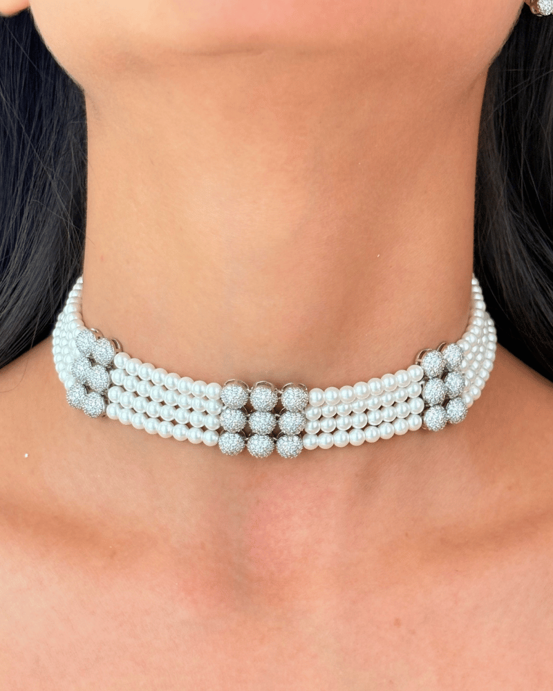 Aveline Pearl Symphony Choker With White Bead Strings