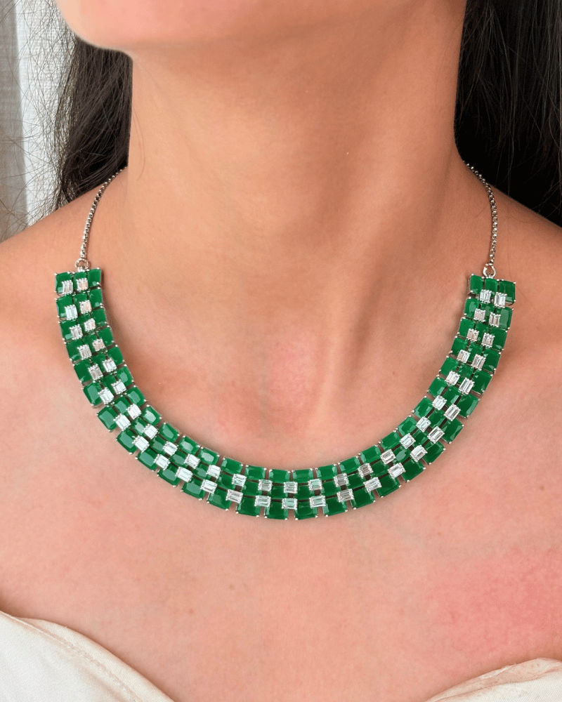 Ravya Emerald Necklace | 18K White Gold Plating