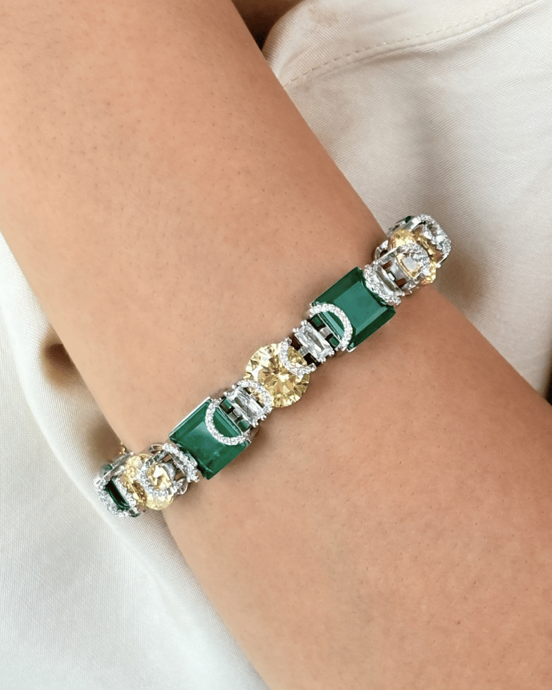 Harit Ratna Emerald & Citrine Bracelet | Openable | Rhodium Plating