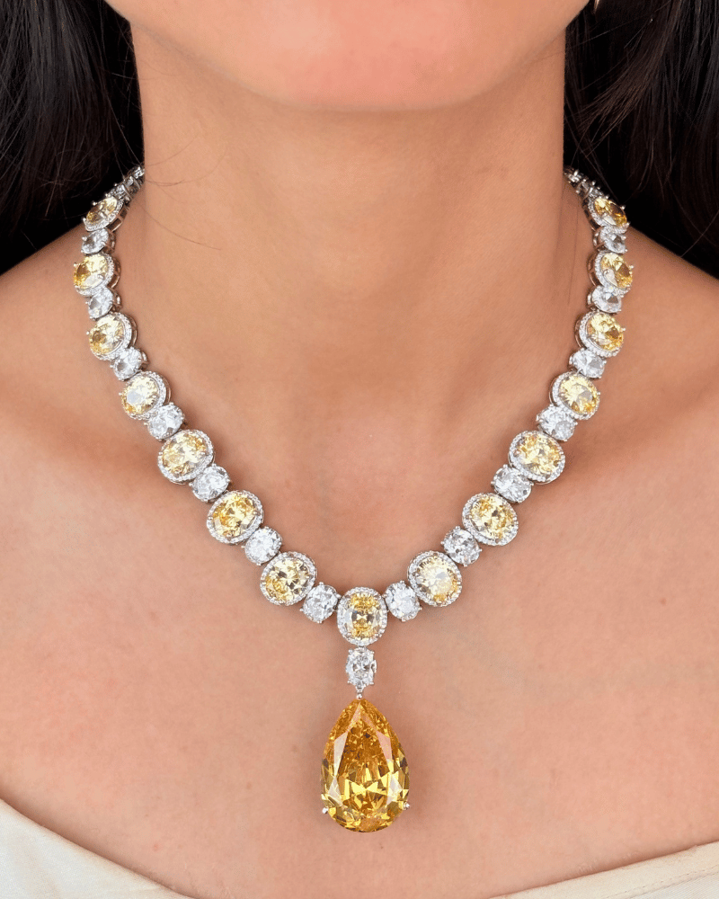 Hemaira Citrine Crystal Drop Diamond Necklace  | Rhodium Plating