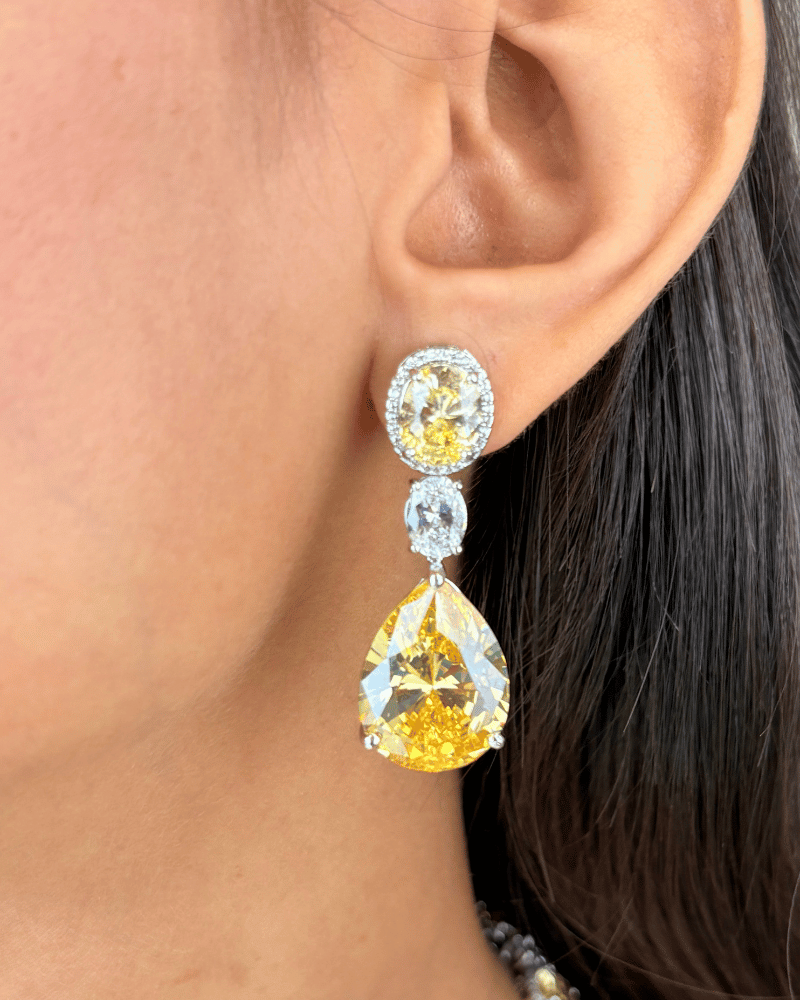 Hemaira Citrine Crystal Drop Diamond Necklace  | Rhodium Plating