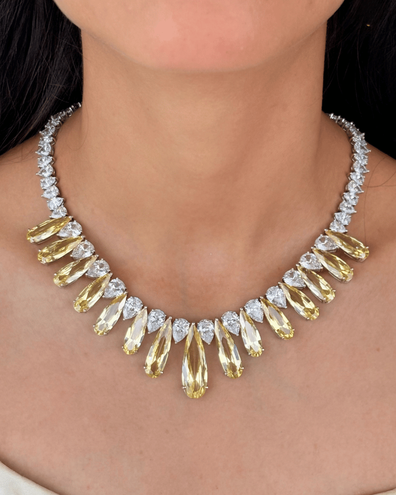 Arzoo Citrine Drop Diamond Necklace | Rhodium Plating