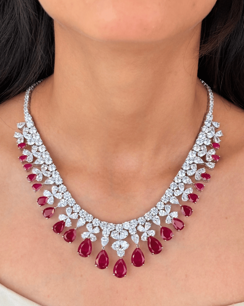 Ruby Cascade Crystal Necklace | Rhodium Plating