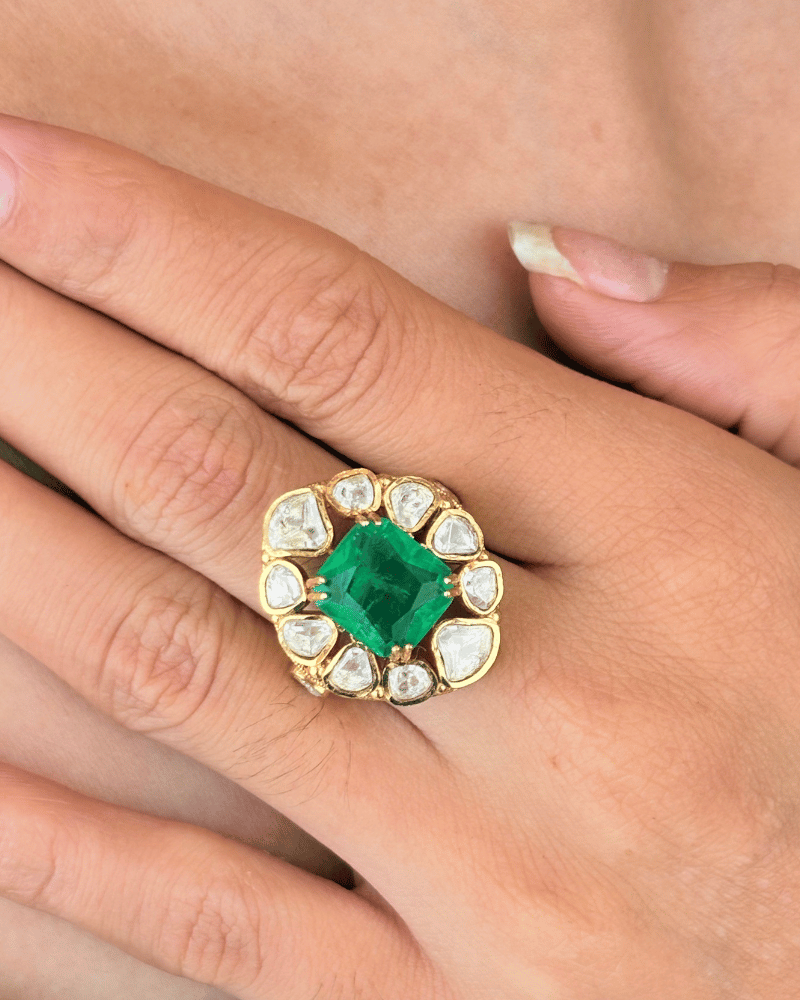 Surkh Emerald Moissanite Ring | Adjustable Size | 18K Gold Plating