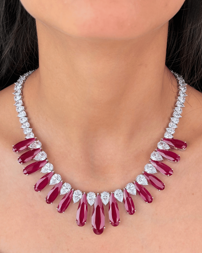 Arzoo Ruby Drop Diamond Necklace | Rhodium Plating