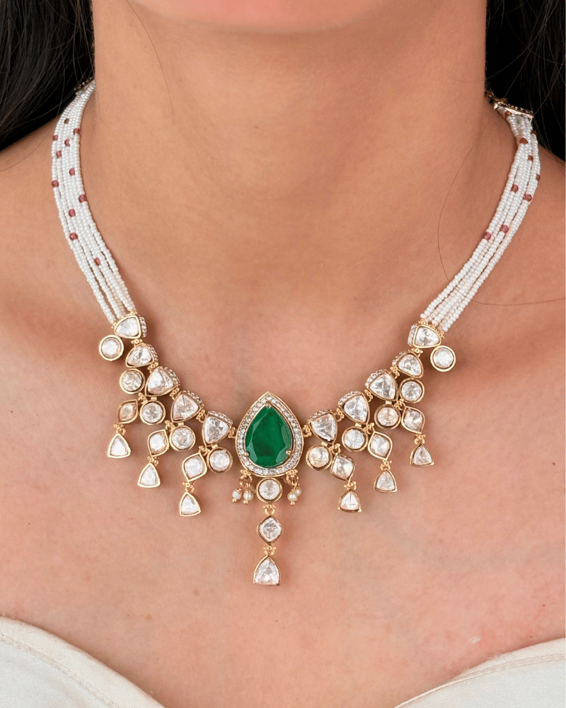 Raviya Teardrop Emerald Moissanite Necklace | Screw Back | 18K Gold Plating