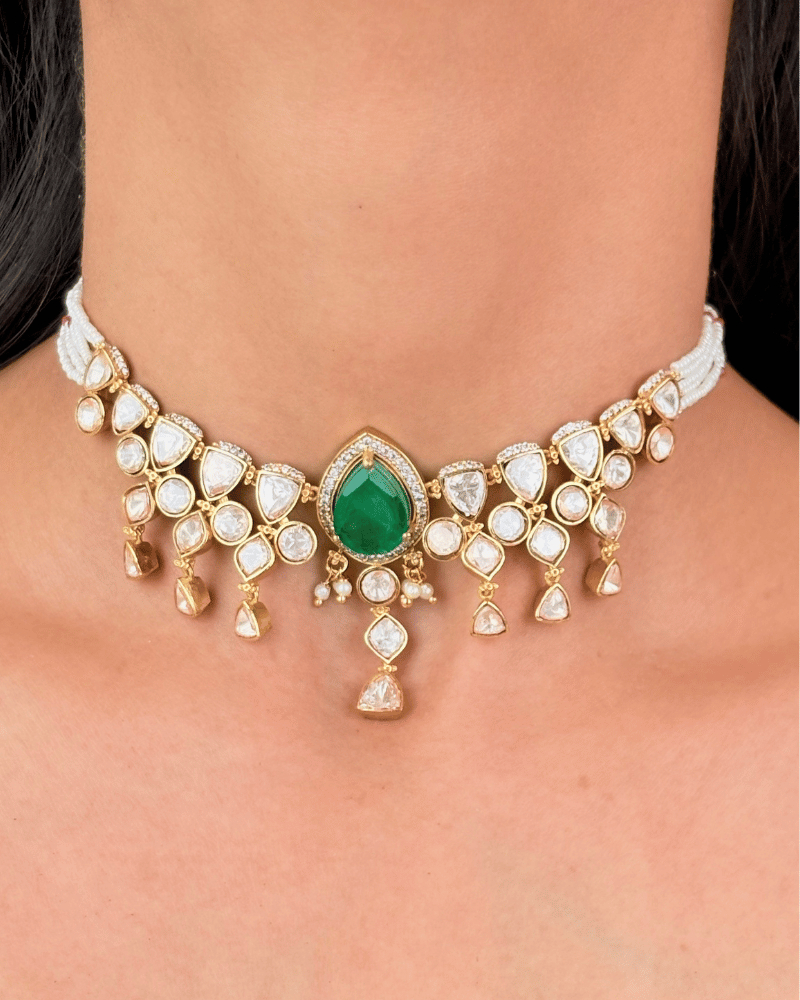 Raviya Teardrop Emerald Moissanite Necklace | Screw Back | 18K Gold Plating