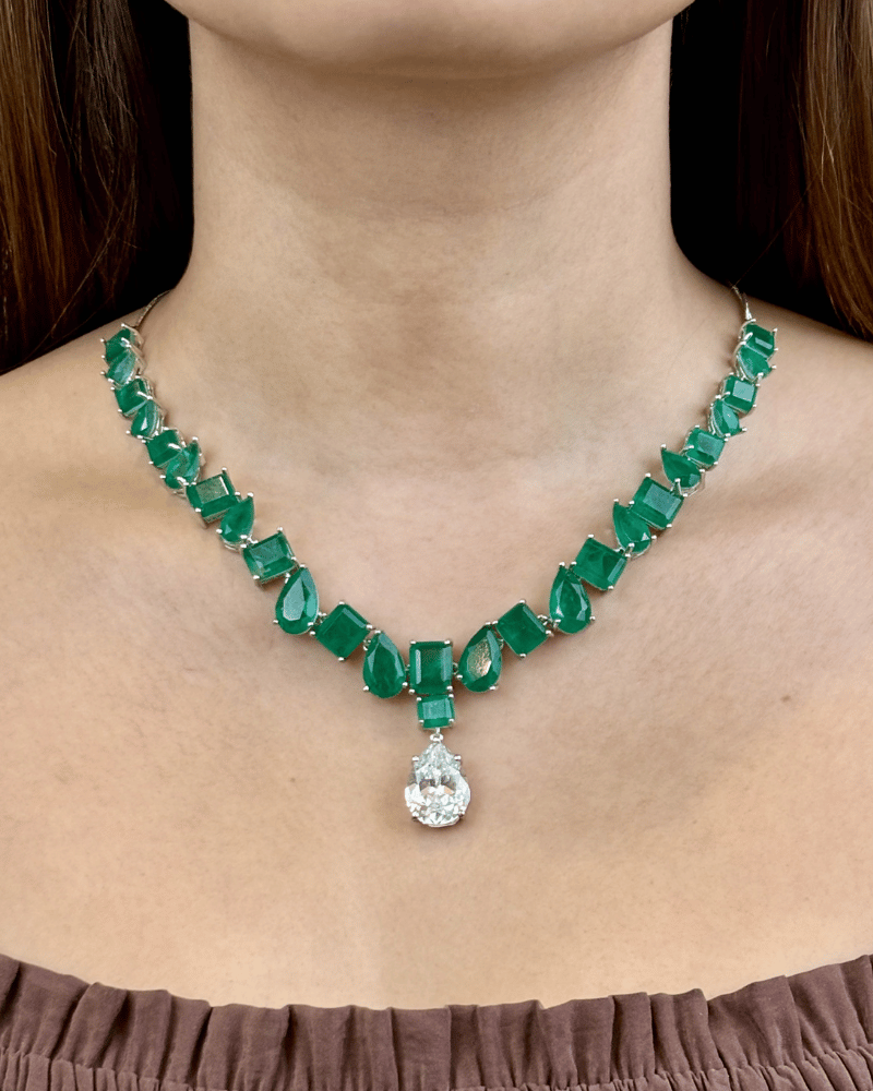Forest Whisper Emerald Necklace With Crystal Drop