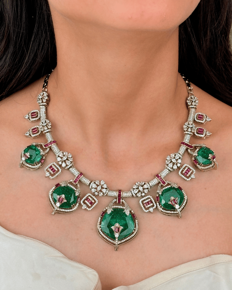 Rajkunwari Emerald Diamond Haar | Antique Gold Finish