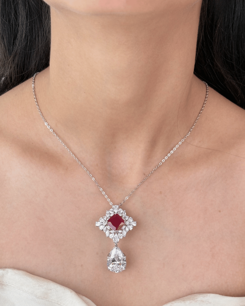 Crystal Drop Ruby Pendant Set | With Chain | Rhodium Plating