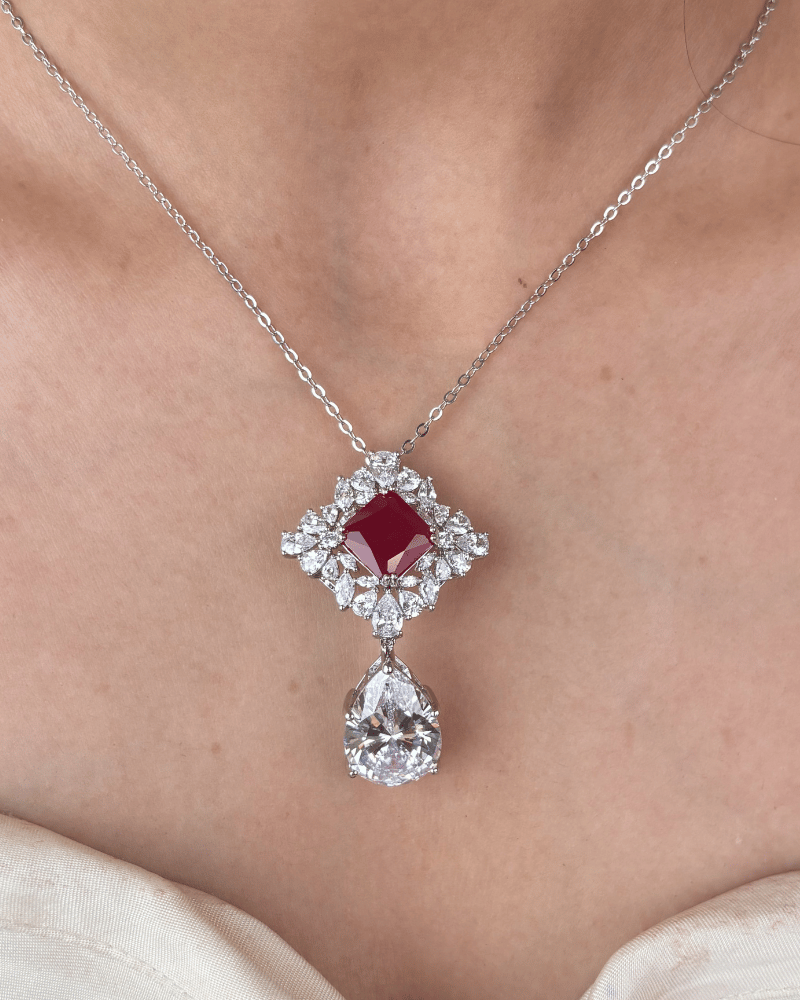 Crystal Drop Ruby Pendant Set | With Chain | Rhodium Plating
