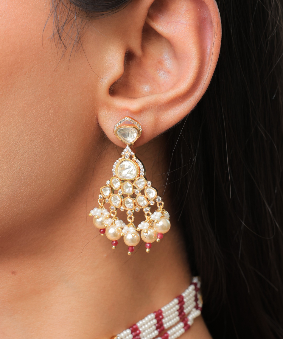 Mehrunisa Moissanite Choker With Red And White Moti Strings | Screw Back | 18K Gold Plating