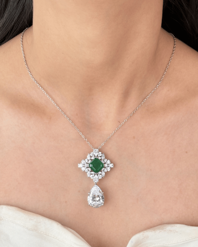 Crystal Drop Emerald Pendant Set | With Chain | Rhodium Plating