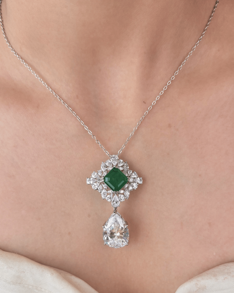 Crystal Drop Emerald Pendant Set | With Chain | Rhodium Plating
