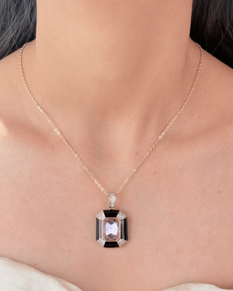 Obsidian Lavender Pendant Set | With Chain | Rhodium Plating