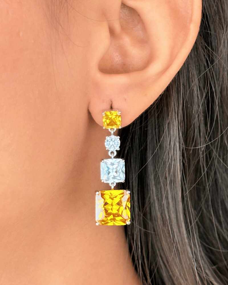 Crystal Square Citrine Danglers | Rhodium Plating