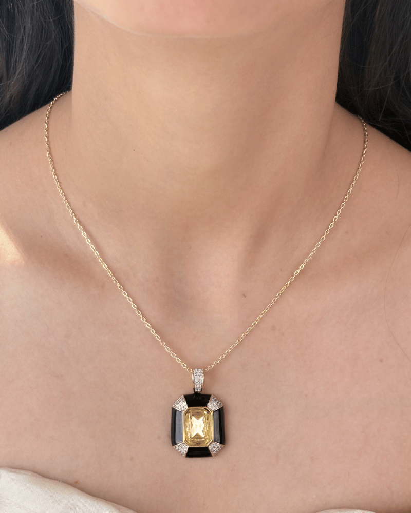 Obsidian Citrine Pendant Set | With Chain | Rhodium Plating