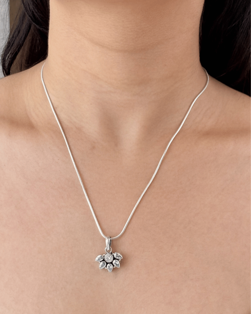Aster Petal Crystal Pendant Set | Without Chain | 92.5 Silver Jewellery