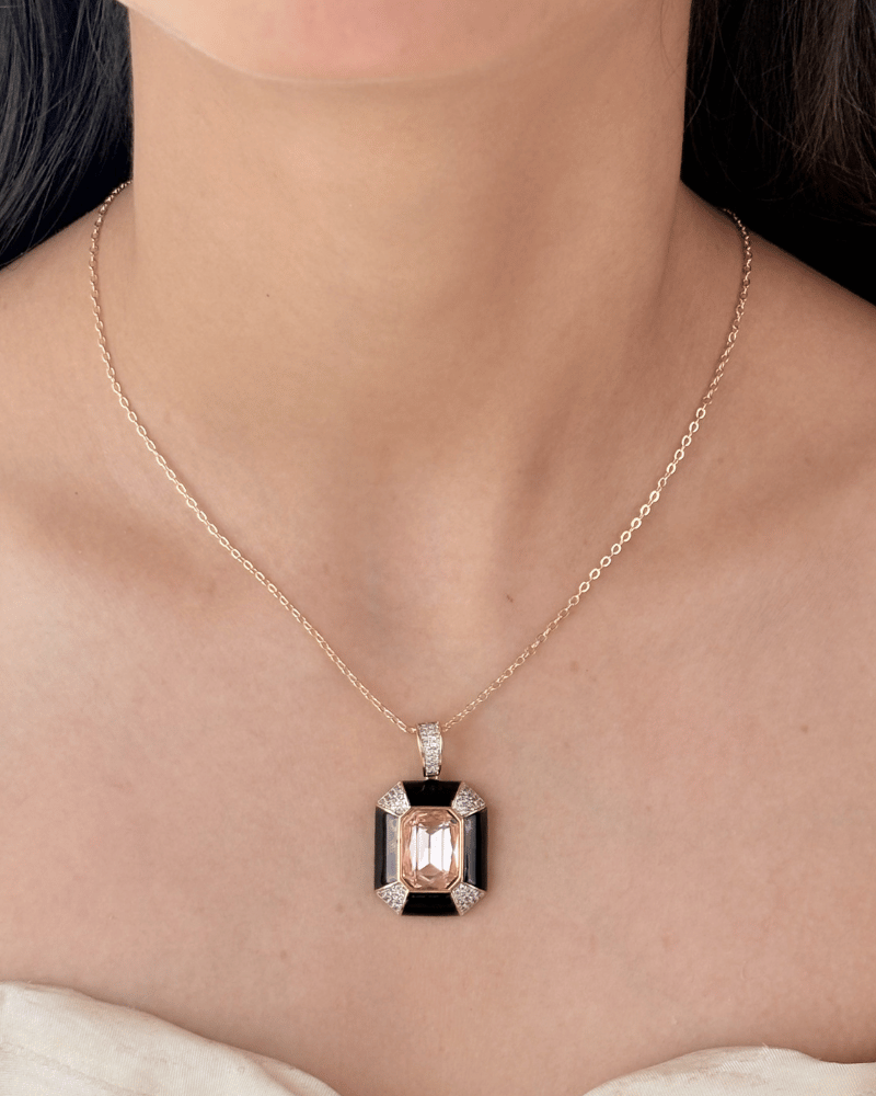 Obsidian Baby Pink Pendant Set | With Chain | Rhodium Plating