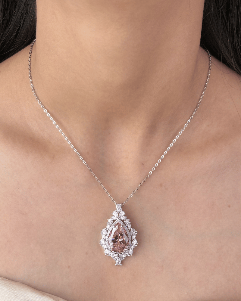 Grace Baby Pink Crystal Pendant Set | With Chain | Rhodium Plating